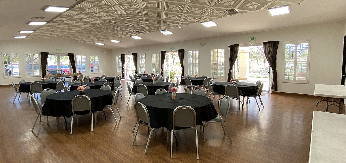 The main room set up for a banquet.